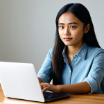 A professional young Malay actress, fully clothed in a modest, contemporary casual outfit, deeply focused while performing for a digital audition. She is looking directly at a webcam on a laptop, positioned on a clean, modern desk in a well-lit home studio setup. The background is a simple, uncluttered wall, softly illuminated. Her expression conveys a range of authentic emotions suitable for an acting role, emphasizing adaptability and professionalism in virtual casting. Soft, natural lighting. Perfect anatomy, correct proportions, natural pose, well-formed hands, proper finger count, natural body proportions. High-resolution, professional studio photography, safe for work, appropriate content, fully clothed, professional.