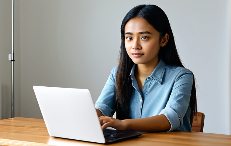 A professional young Malay actress, fully clothed in a modest, contemporary casual outfit, deeply focused while performing for a digital audition. She is looking directly at a webcam on a laptop, positioned on a clean, modern desk in a well-lit home studio setup. The background is a simple, uncluttered wall, softly illuminated. Her expression conveys a range of authentic emotions suitable for an acting role, emphasizing adaptability and professionalism in virtual casting. Soft, natural lighting. Perfect anatomy, correct proportions, natural pose, well-formed hands, proper finger count, natural body proportions. High-resolution, professional studio photography, safe for work, appropriate content, fully clothed, professional.