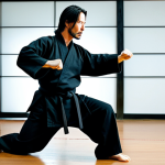 A highly focused male actor, resembling Keanu Reeves, performing a precise martial arts form in a traditional, modest black martial arts gi, fully clothed, appropriate attire. He stands in a spacious, well-lit professional dojo with polished wooden floors and simple, clean walls. His expression is one of intense concentration and discipline. Perfect anatomy, correct proportions, well-formed hands, proper finger count, natural pose, professional studio photography, cinematic lighting, high detail, sharp focus, ultra-realistic, safe for work, appropriate content, professional, family-friendly.