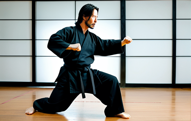 A highly focused male actor, resembling Keanu Reeves, performing a precise martial arts form in a traditional, modest black martial arts gi, fully clothed, appropriate attire. He stands in a spacious, well-lit professional dojo with polished wooden floors and simple, clean walls. His expression is one of intense concentration and discipline. Perfect anatomy, correct proportions, well-formed hands, proper finger count, natural pose, professional studio photography, cinematic lighting, high detail, sharp focus, ultra-realistic, safe for work, appropriate content, professional, family-friendly.